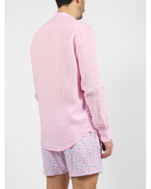 Brian Dales Pink Mandarin Collar Linen Shirt for men