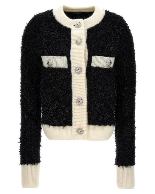 Balmain Black Furry Tweed Cardigan Sweater, Cardigans