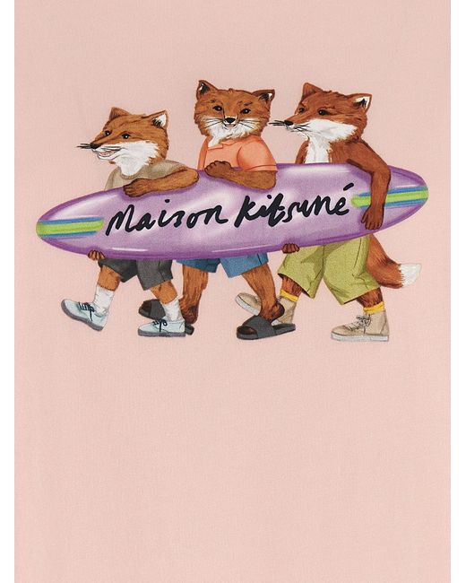 Surfing Foxes T Shirt Rosa di Maison Kitsuné in Pink