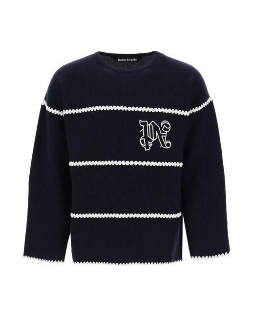 Palm Angels Blue Embroidered Jacquard Sweater for men
