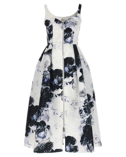 Alexander McQueen White Floral-print Zip-front Woven Midi Dress