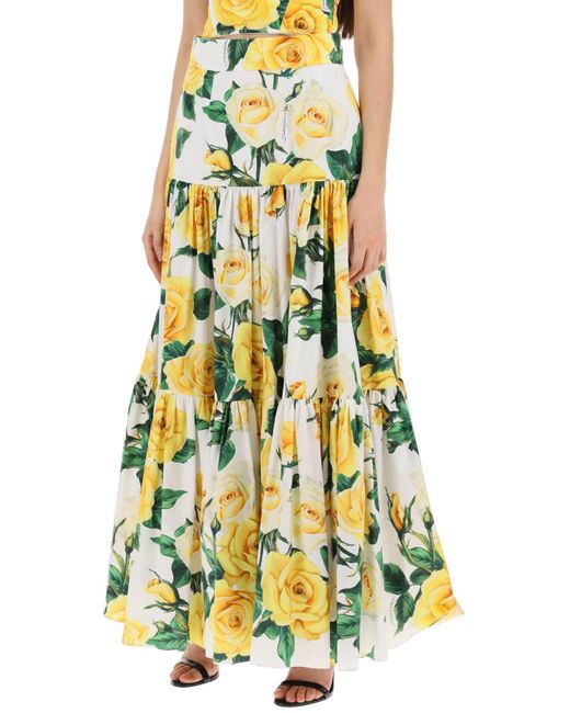 Dolce & Gabbana Yellow Gonna Lunga A Balze Con Stampa Rose Gialle