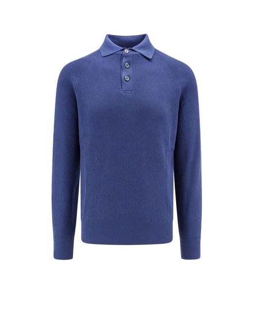 Brunello Cucinelli Blue Ribbed Cotton Polo Sweater for men