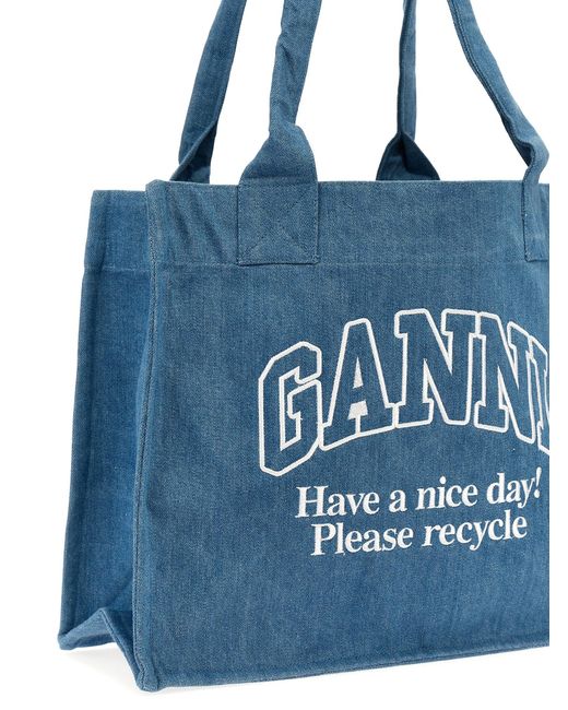 Logo Embroidery Denim Shopping Bag Tote Celeste di Ganni in Blue