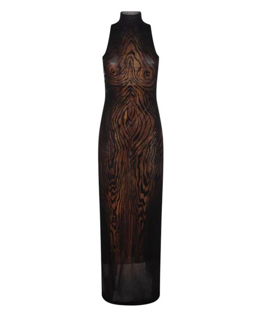 Jean Paul Gaultier Purple Long Mesh Dress Double-Layer "Wood" Printed Long Mesh Dress