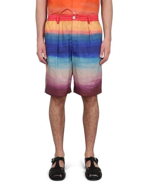 Marni Blue Cotton Bermuda Shorts With Elastic Waistband for men
