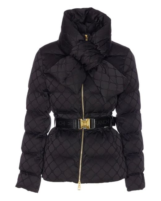 Elisabetta Franchi Black Jacquard Sail Fabric Down Jacket With Belt