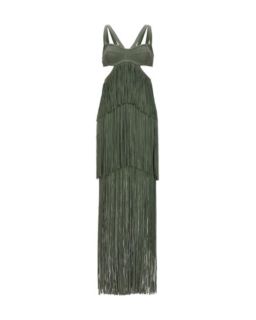 Hervé Léger Green Strappy Tiered Fringe Dress