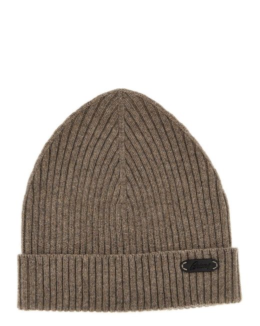 Brioni Brown English Ribbed Beanie Hats for men