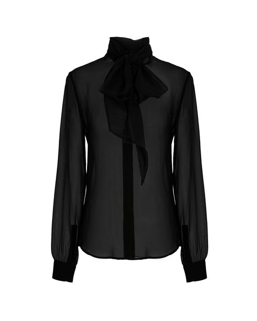 Saint Laurent Black Transparent Silk Pussy Bow Blouse Shirt, Blouse