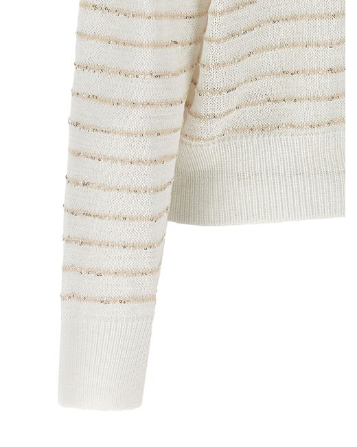 Brunello Cucinelli White Sequin Stripes Sweater