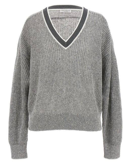 Brunello Cucinelli Gray V-Neck Sweater