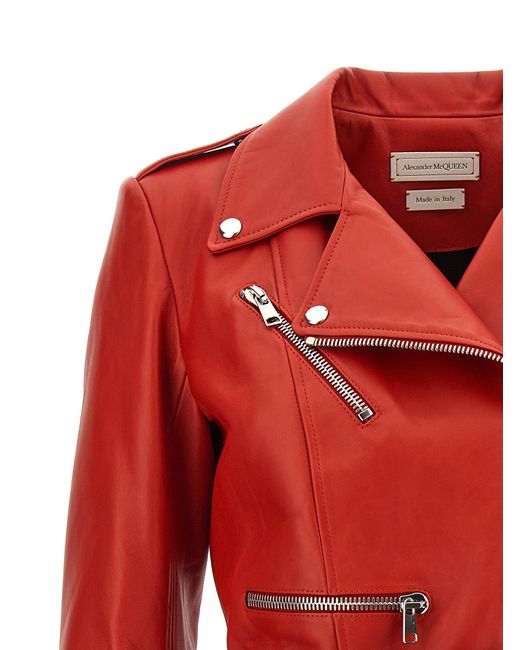 Alexander McQueen Red Cropped Biker Jacket