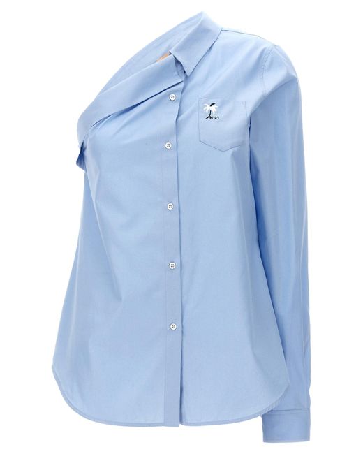 One-Shoulder Shirt With Logo Embroidery Camicie Celeste di N°21 in Blue