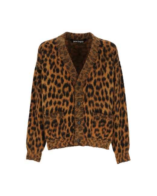 Palm Angels Brown Cardigan Con Stampa Leopardata All-over Scollo A V for men