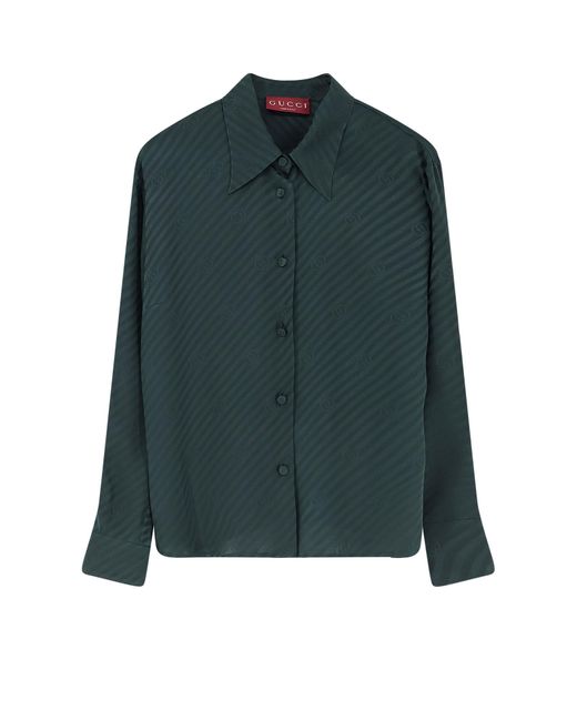 Gucci Green Jacquard Silk Shirt With Gg Cross