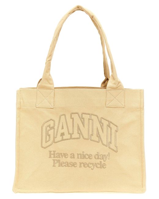 Ganni Natural Logo Embroidery Shopping Bag