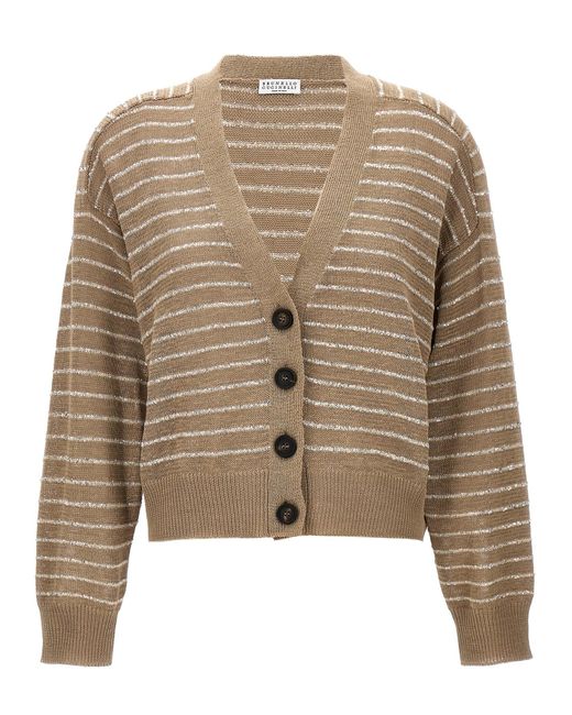 Brunello Cucinelli Brown Sequin Striped Cardigan Sweater, Cardigans