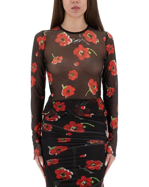 Moschino Red Floral Mesh Top