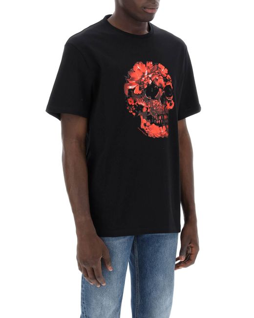 Alexander McQueen Black Wax Flower Skull Printed T-Shirt for men