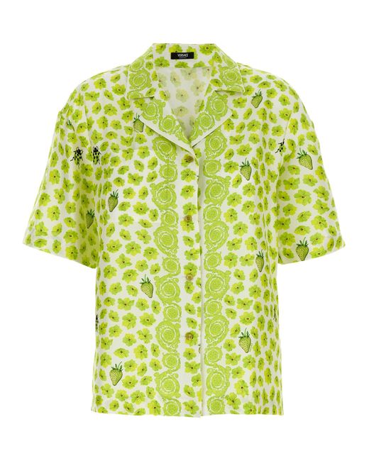 Versace Yellow Silk Twill Shirt With Strawberry Garden Print