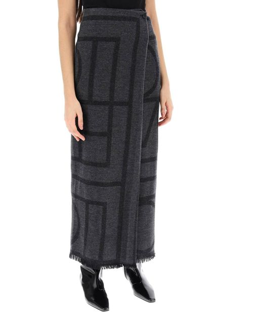 Totême  Black Monogram Wool Maxi Sarong Skirt