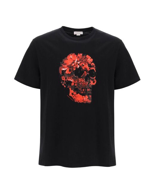 Alexander McQueen Black Wax Flower Skull Printed T-Shirt for men