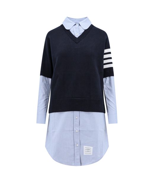Thom Browne Blue Cotton Dress With Shirt Effect