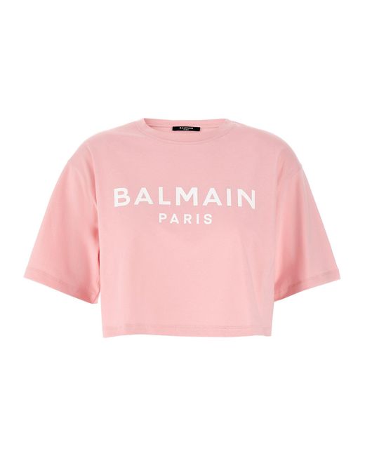 Balmain Pink Logo Crop T-Shirt