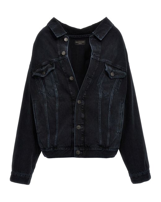Balenciaga Black Off-Shoulder Denim Jacket Casual Jackets, Parka
