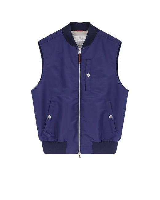 Brunello Cucinelli Men's Blue Water-Repellent Nylon Sleeveless Jacket