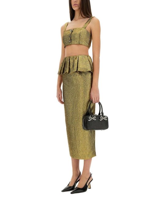 Self-Portrait Green Metallic Jacquard Crop Top