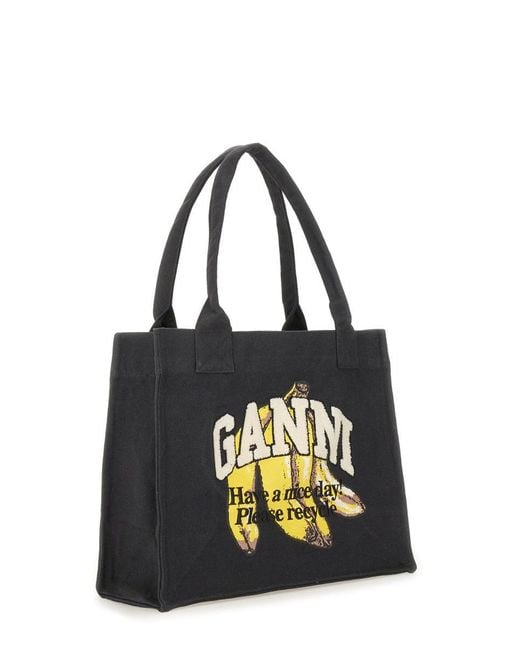 Ganni Black Banana Print Large Tote Bag