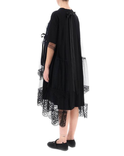 Simone Rocha Black Midi Dress In Mesh With Lace And Bows
