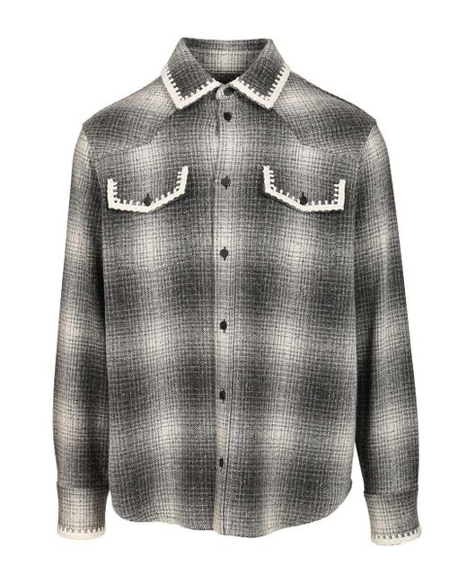 Golden Goose Deluxe Brand Gray Journey M's Over Shirt With Designed Yokes Patch Pockets Check Blend Wool Shirts for men