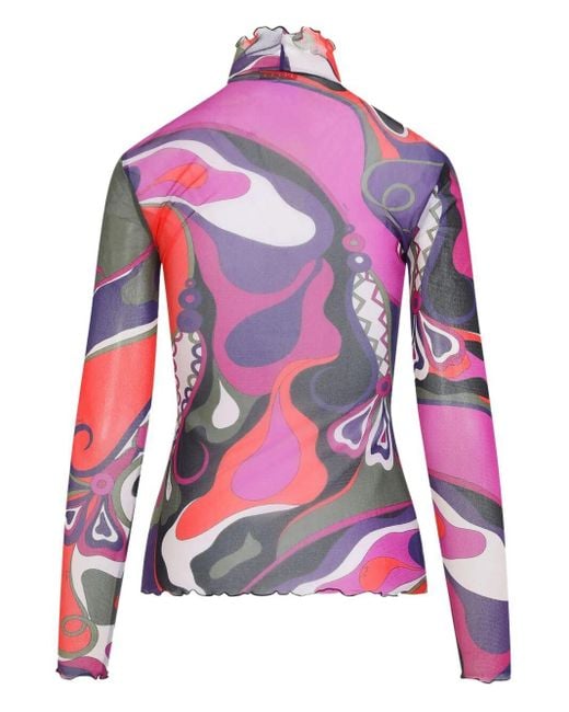 Emilio Pucci Red Abstract-Print Turtleneck Sheer Top