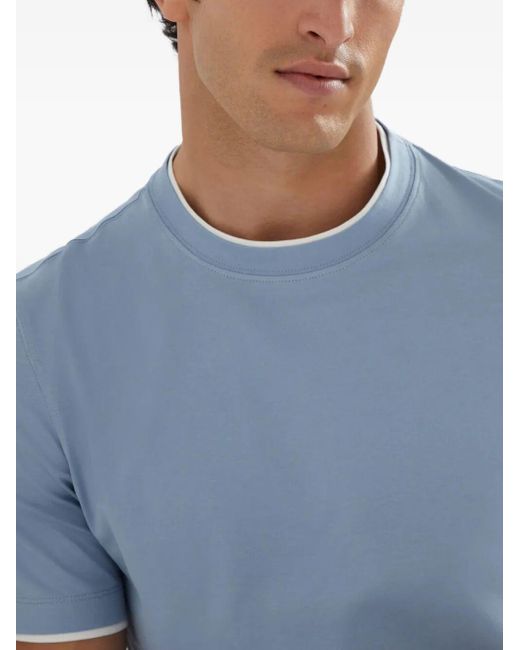 Brunello Cucinelli Blue Cotton Jersey Crew Neck T-Shirt With Faux-Layering for men