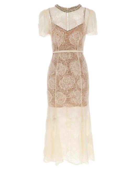 Cream Tulle Lace Midi Abiti Bianco-Donna di Self-Portrait in Natural