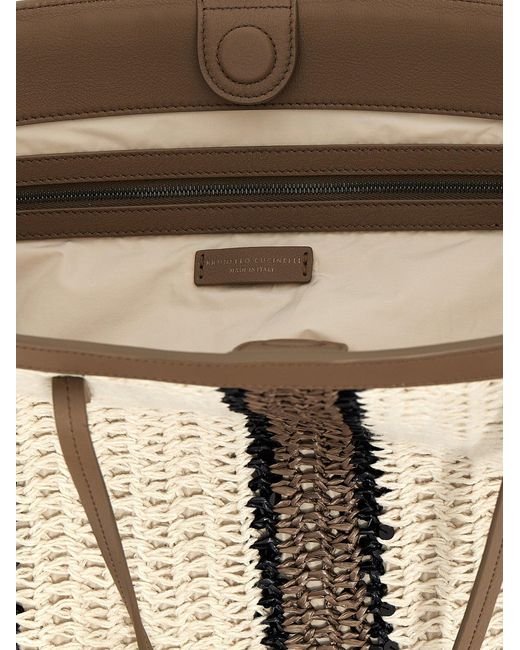 Brunello Cucinelli White Jute Striped Shopping Bag