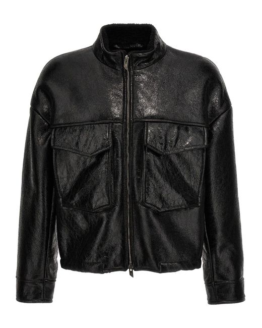 Salvatore Santoro Black Craclè Leather Jacket Casual Jackets, Parka for men