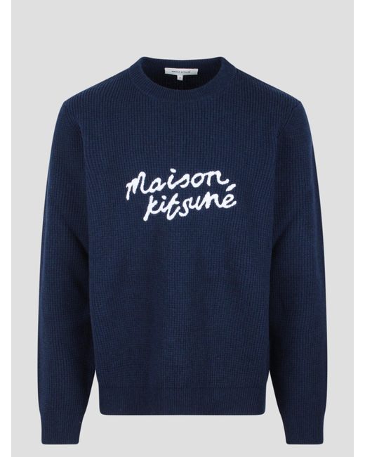 Maison Kitsuné Blue Embroidered Logo Wool Jumper for men