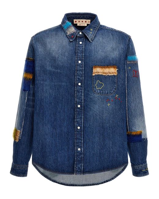 Denim Shirt, Embroidery And Patches Camicie Blu di Marni in Blue da Uomo