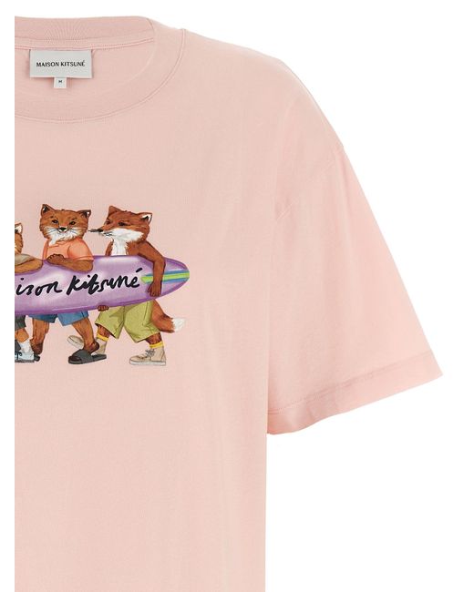 Surfing Foxes T Shirt Rosa di Maison Kitsuné in Pink