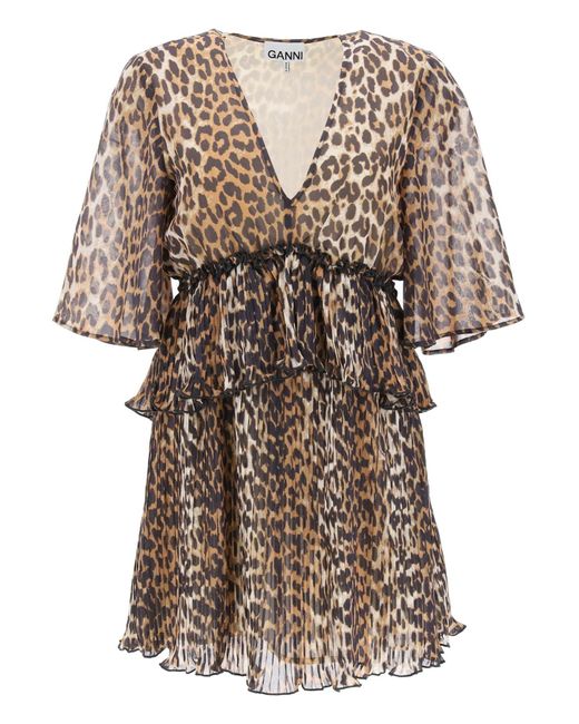 Ganni Brown Pleated Mini Dress With Leopard Motif