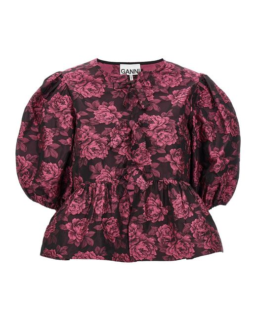 Ganni Red Floral Jacquard Blouse