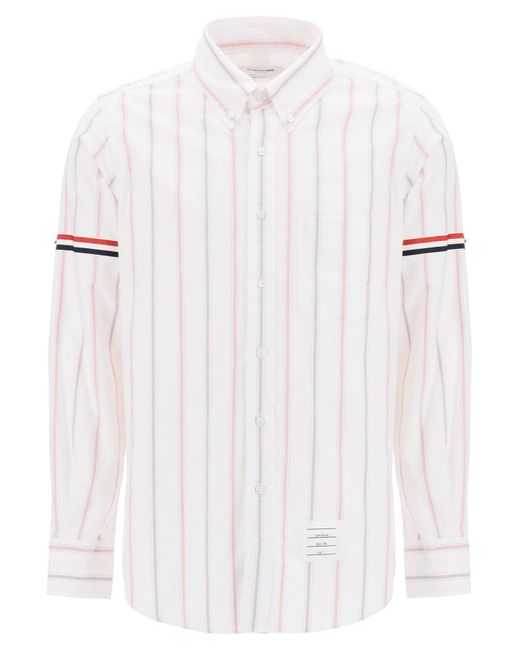 Thom Browne White Striped Oxford Button Down Shirt With Armbands for men