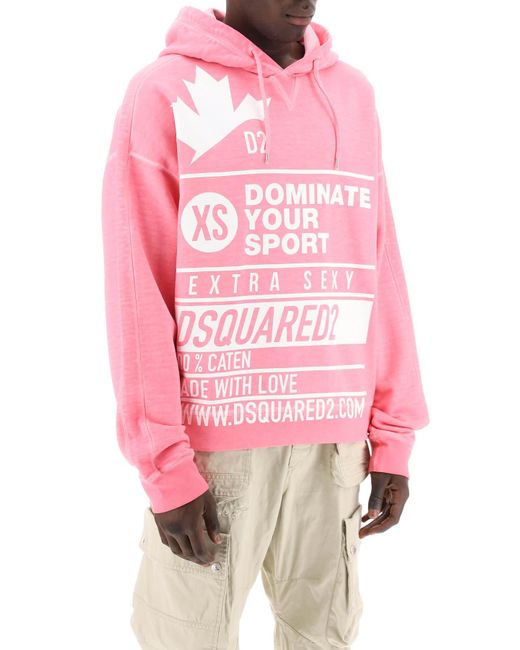 DSquared² Pink Printed Hoodie With Burbs Fit Hood for men