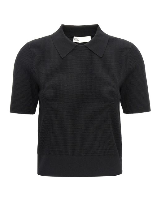 Logo Embroidery Knitted Shirt Polo Nero di Tory Burch in Black