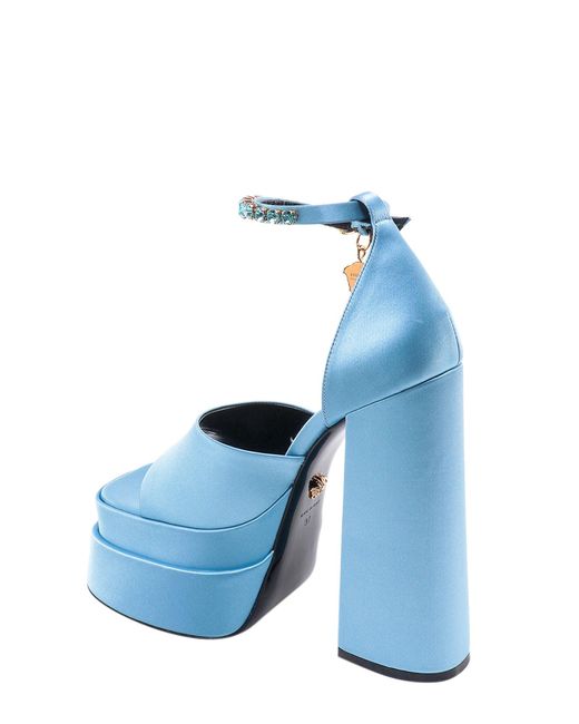 Versace Blue Squared Toe Wide Heel Rhinestones Sandals