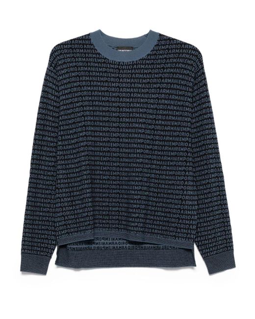 Emporio Armani Blue Logo-Print Wool Sweater for men